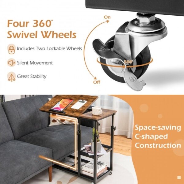 Height Adjustable C-Shaped End Table with Lockable Wheels and Tiltable Table Top - Image 3