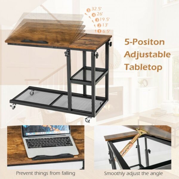 Height Adjustable C-Shaped End Table with Lockable Wheels and Tiltable Table Top - Image 4