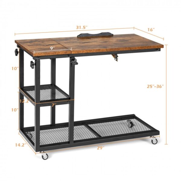 Height Adjustable C-Shaped End Table with Lockable Wheels and Tiltable Table Top - Image 2