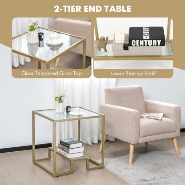 22 Inch 2-Tier Square Sofa Side Table with Tempered Glass Tabletop - Image 6