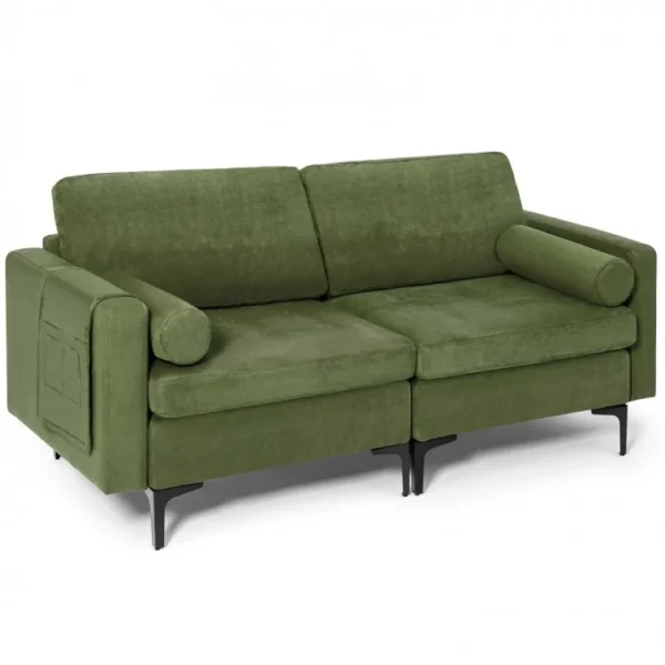 Modern Loveseat Sofa with 2 Bolsters and Side Storage Pocket