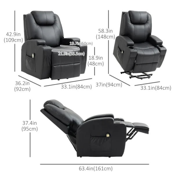 HOMCOM Power Lift Chair for Elderly, PU Leather Recliner Sofa Chair with Footrest, Remote Control, Side Pockets and Cup Holders, Black - Image 2