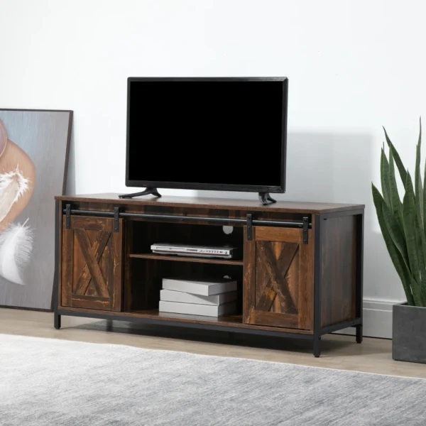 HOMCOM Industrial TV Stand for TVs up to 60", TV Console with Storage and 2 Sliding Barn Doors, Freestanding Entertainment Unit for Living Room, Brown