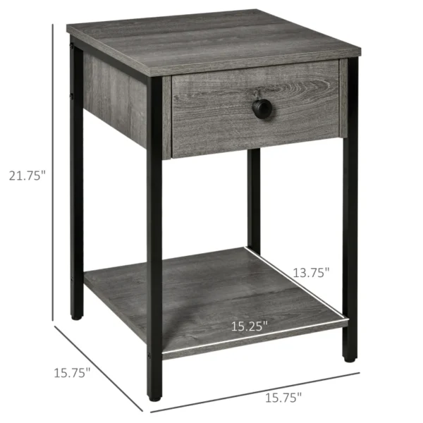 HOMCOM Industrial End Table with Drawer and Storage Shelf, Accent Side Table, Nightstand for Living Room, Bedroom, Grey - Image 2