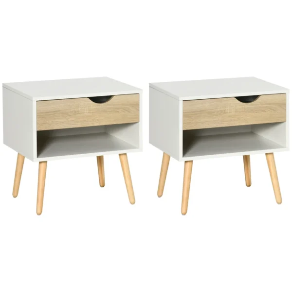 HOMCOM Set of 2 Bedside Table with Drawer and Shelf, Modern Nightstand, End Table for Bedroom, White