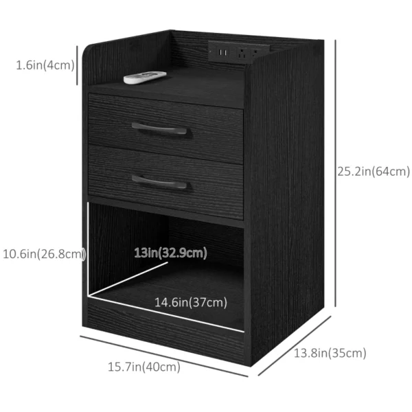 HOMCOM Tall Nightstand with Charging Station and LED Lights, Small Bedside Table with AC Outlets, USB Ports, 2 Drawers, Shelf - Image 6