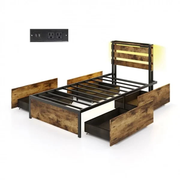 Full/Queen/Twin Size Bed Frame with Drawers LED Lights and USB Ports