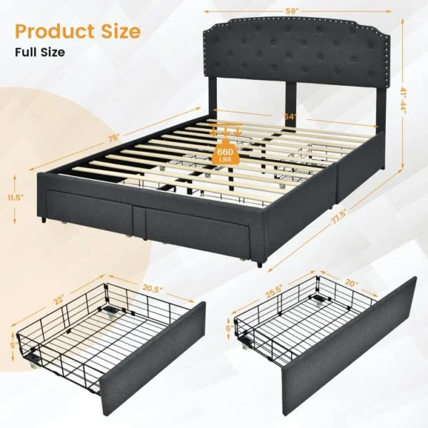 Upholstered Bed Frame with 4 Storage Drawers and Adjustable Button-Tufte - Image 2