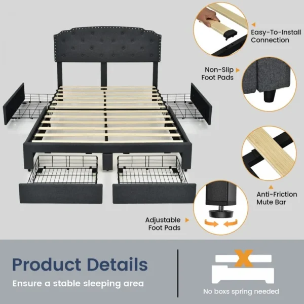 Upholstered Bed Frame with 4 Storage Drawers and Adjustable Button-Tufte - Image 4