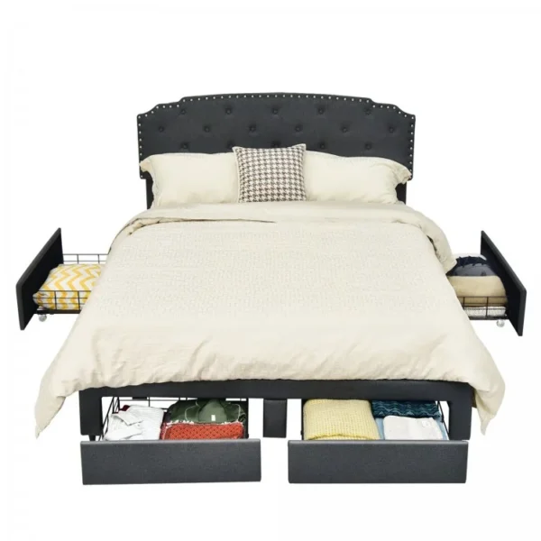 Upholstered Bed Frame with 4 Storage Drawers and Adjustable Button-Tufte - Image 5