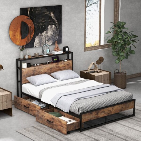 Full/Queen Bed Frame with 2-Tier Storage Headboard - Image 6