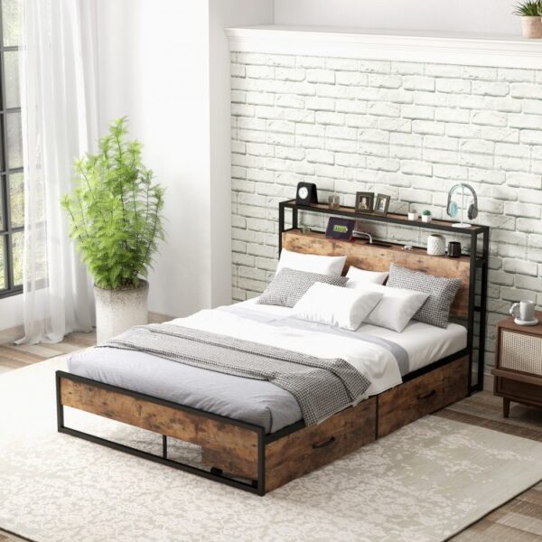 Full/Queen Bed Frame with 2-Tier Storage Headboard - Image 5