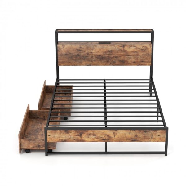 Full/Queen Bed Frame with 2-Tier Storage Headboard