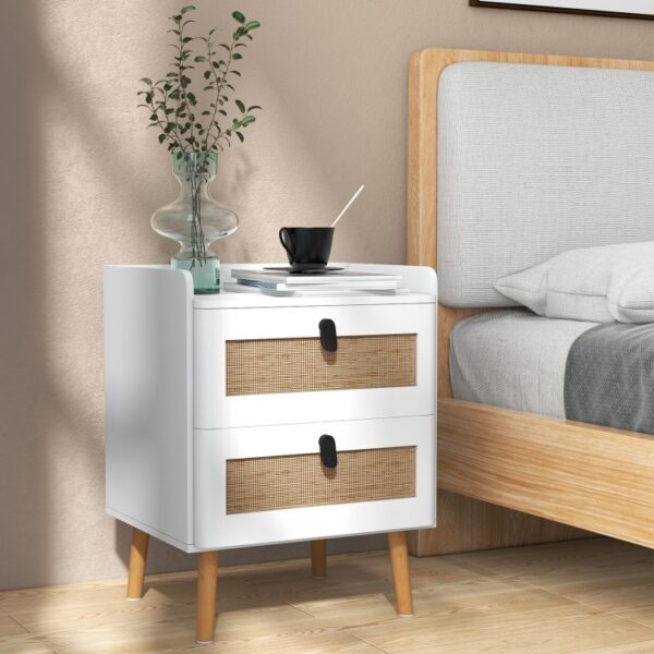 Modern End Table Bedside Table with 2 Rattan Decorated Drawers - Image 2