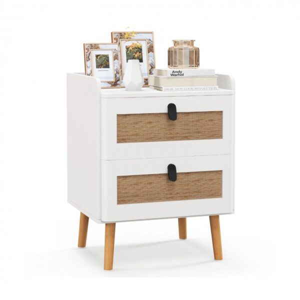 Modern End Table Bedside Table with 2 Rattan Decorated Drawers