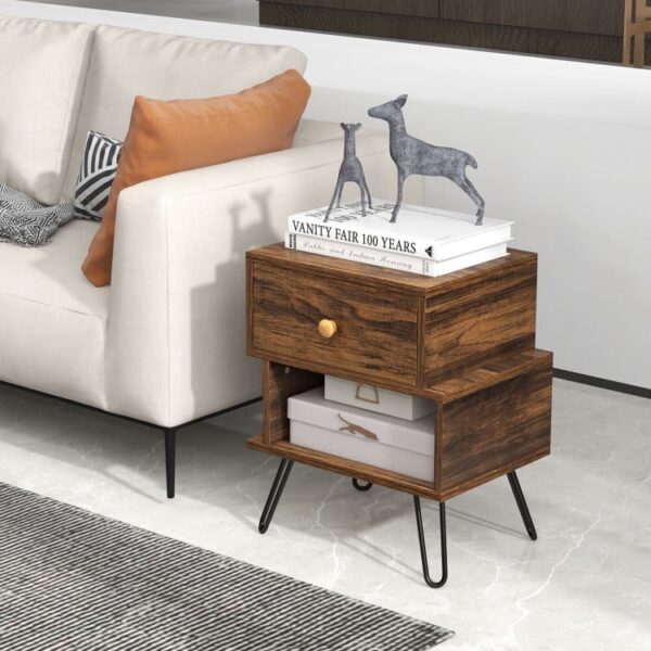 Set of 2 Irregular 2-Tier Wooden Nightstands with Elevated Metal Feet - Image 3