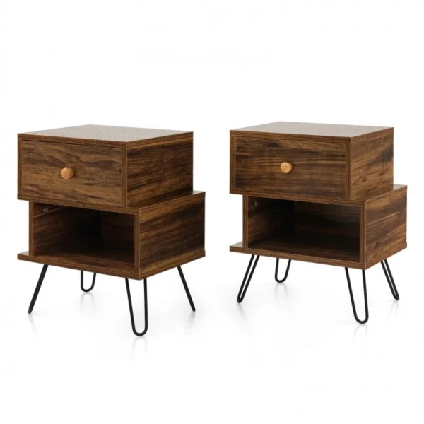 Set of 2 Irregular 2-Tier Wooden Nightstands with Elevated Metal Feet - Image 2