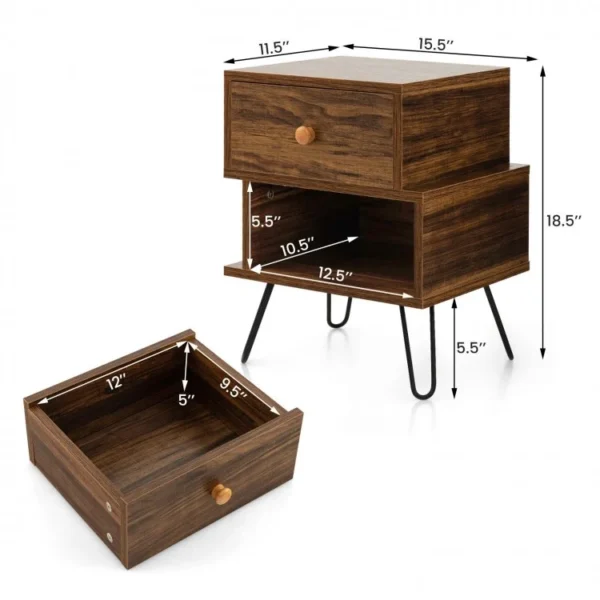 Set of 2 Irregular 2-Tier Wooden Nightstands with Elevated Metal Feet