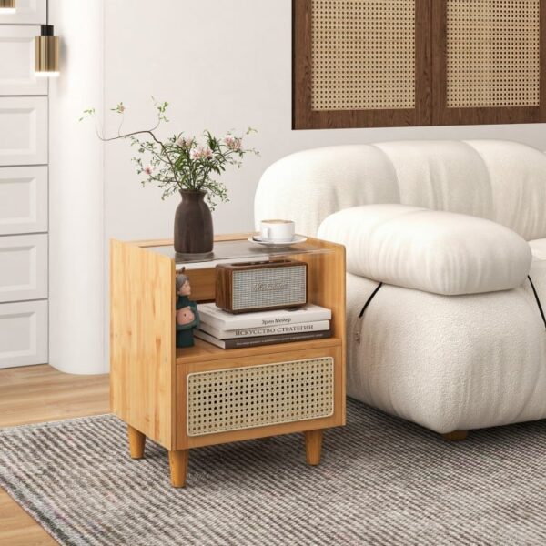 2 Pieces Bamboo Rattan Nightstand with Drawer and Tempered Glass Top - Image 5