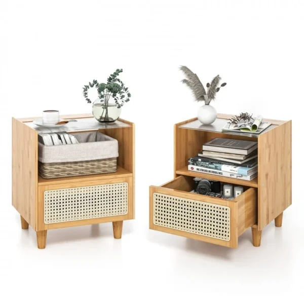 2 Pieces Bamboo Rattan Nightstand with Drawer and Tempered Glass Top