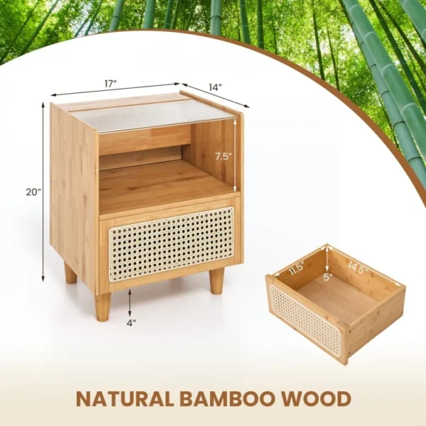 2 Pieces Bamboo Rattan Nightstand with Drawer and Tempered Glass Top - Image 4