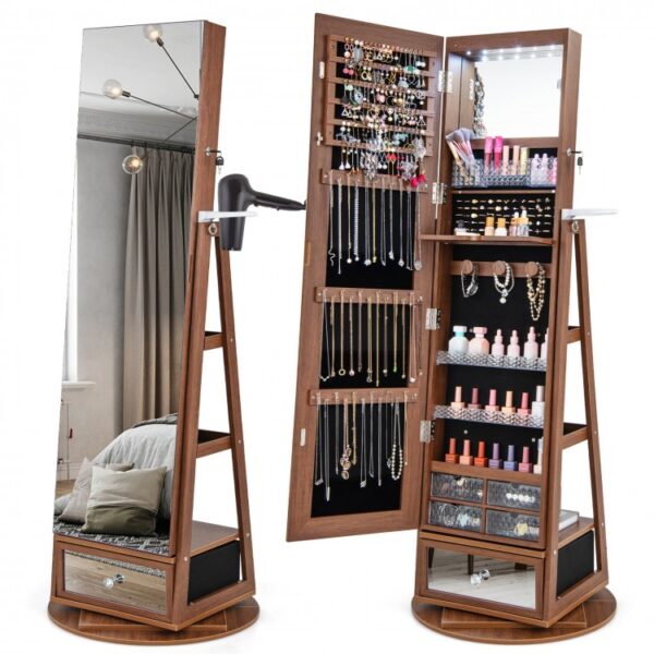 Lockable 360° Swivel Jewelry Cabinet with Full-Length Mirror LED Lights