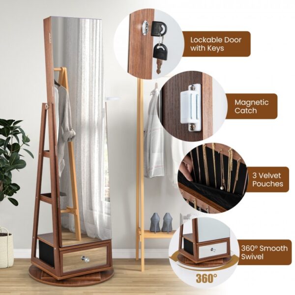 Lockable 360° Swivel Jewelry Cabinet with Full-Length Mirror LED Lights - Image 3