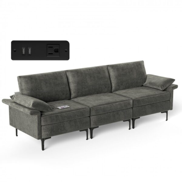 Large 3-Seat Sofa Sectional with Metal Legs and 2 USB Ports for 3-4 people