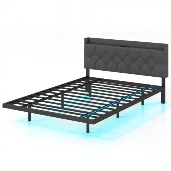 Full/Queen Size Floating Bed Frame with LED and Headboard and Charging Station