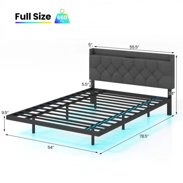 Full/Queen Size Floating Bed Frame with LED and Headboard and Charging Station - Image 2