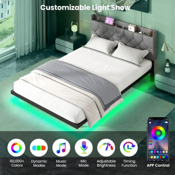 Full/Queen Size Floating Bed Frame with LED and Headboard and Charging Station - Image 3