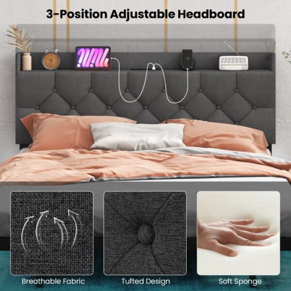 Full/Queen Size Floating Bed Frame with LED and Headboard and Charging Station - Image 5