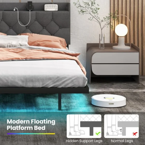 Full/Queen Size Floating Bed Frame with LED and Headboard and Charging Station - Image 7