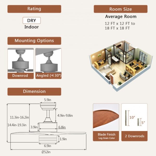 52 Inch Reversible Ceiling Fan with LED Light and Adjustable Temperature - Image 5