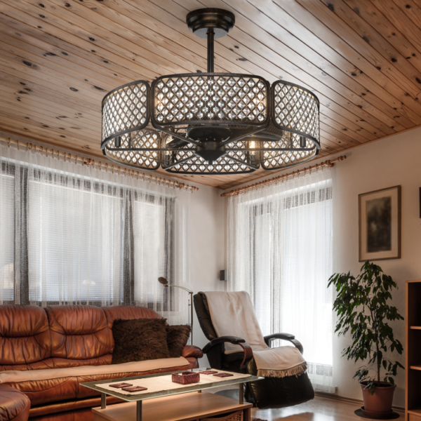 30 Inch Caged Ceiling Fan With Light Crystal Lampshade 6 Light Bases - Image 4