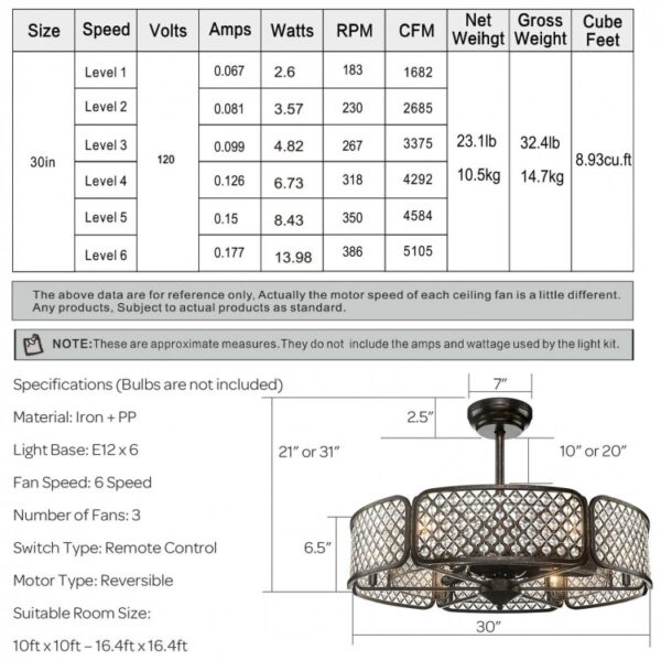 30 Inch Caged Ceiling Fan With Light Crystal Lampshade 6 Light Bases - Image 6