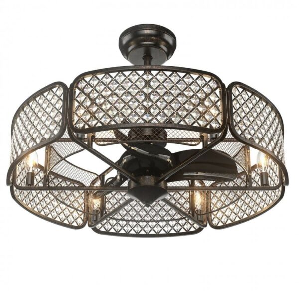 30 Inch Caged Ceiling Fan With Light Crystal Lampshade 6 Light Bases