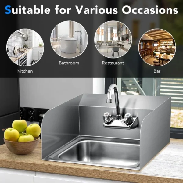 Stainless Steel Sink Wall Mount Hand Washing Sink with Faucet and Side Splash - Image 6