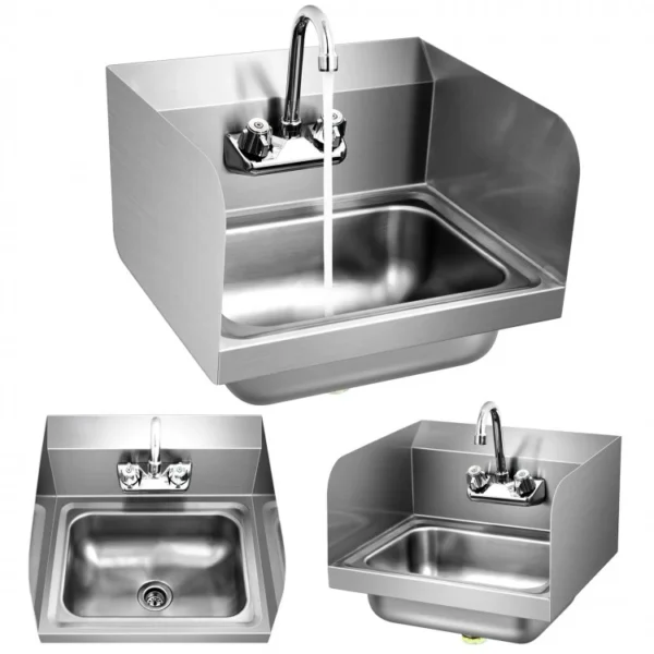 Stainless Steel Sink Wall Mount Hand Washing Sink with Faucet and Side Splash - Image 3