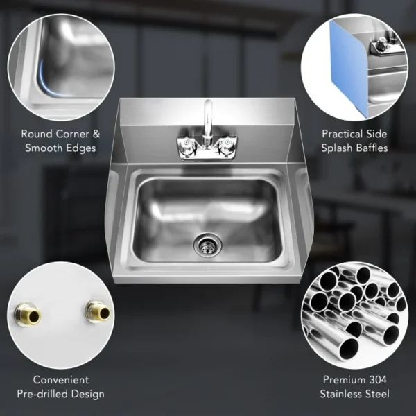 Stainless Steel Sink Wall Mount Hand Washing Sink with Faucet and Side Splash - Image 8