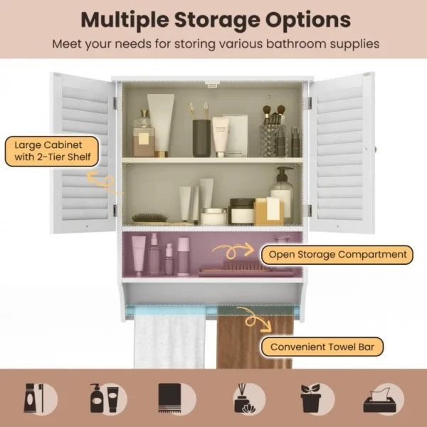 2-Doors Bathroom Wall-Mounted Medicine Cabinet with Towel Bar - Image 3