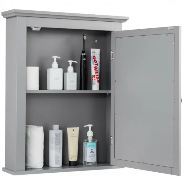 Wall Mount Bathroom Cabinet with One Mirror Single Door Adjustable Shelves Retro Handle - Image 6