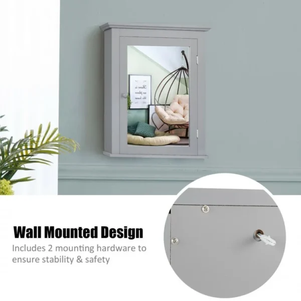 Wall Mount Bathroom Cabinet with One Mirror Single Door Adjustable Shelves Retro Handle - Image 9