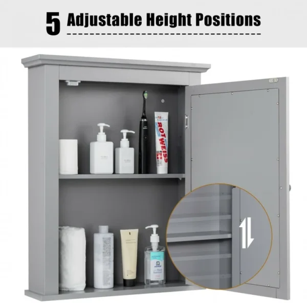 Wall Mount Bathroom Cabinet with One Mirror Single Door Adjustable Shelves Retro Handle - Image 4