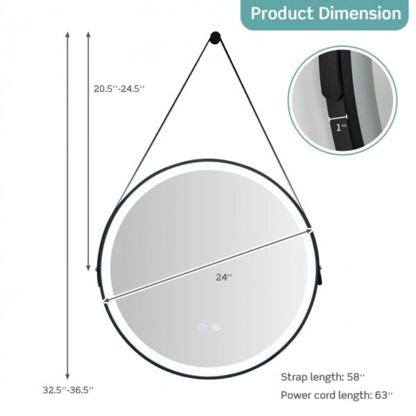 24 Inch Round Wall-mounted Mirror with 3 Color LED Lights and Anti-Fog Function - Image 7