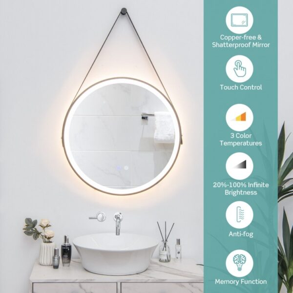 24 Inch Round Wall-mounted Mirror with 3 Color LED Lights and Anti-Fog Function - Image 8