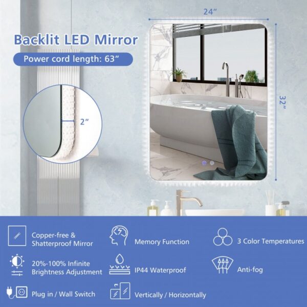 32 x 24 Inch Shatterproof Wall Mirror with 3-Color Lights and  Anti-Fog Function - Image 7