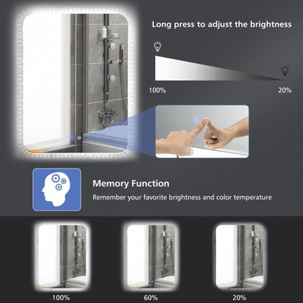 32 x 24 Inch Shatterproof Wall Mirror with 3-Color Lights and  Anti-Fog Function - Image 3