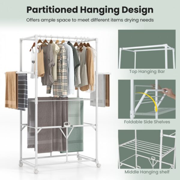 68.5 Inches Foldable Aluminum Laundry Rack with Hanging Rods and Drying Shelves - Image 4