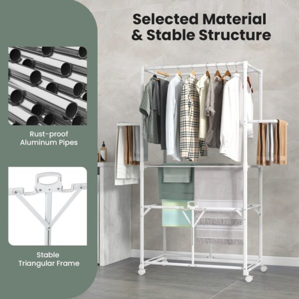 68.5 Inches Foldable Aluminum Laundry Rack with Hanging Rods and Drying Shelves - Image 7